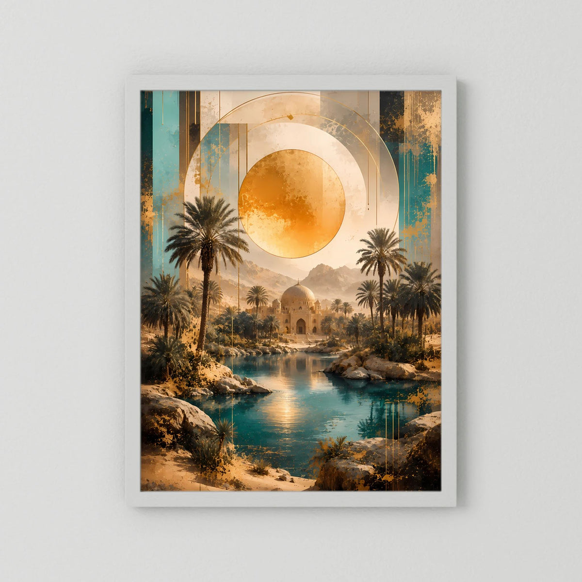 Hochformat-Poster mit Palmen, türkisfarbenem Fluss und goldener Sonne im weißen Rand