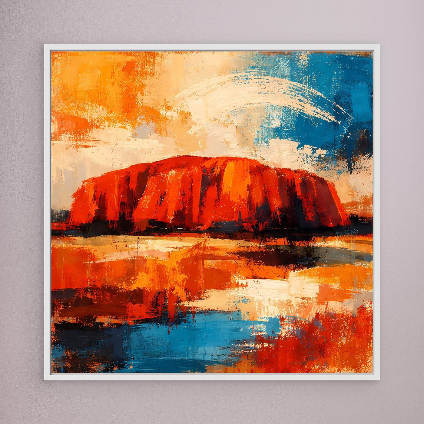 Leinwand-Wandbild mit abstraktem roten Felsmonolith, Blau-Orange Hintergrund und weißem Rahmen