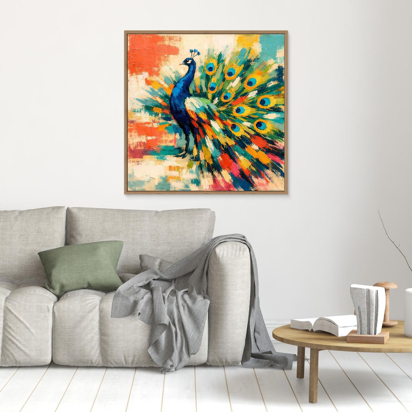 Oak-framed abstract peacock canvas wall art with blue bird and bright multicolor tail fan