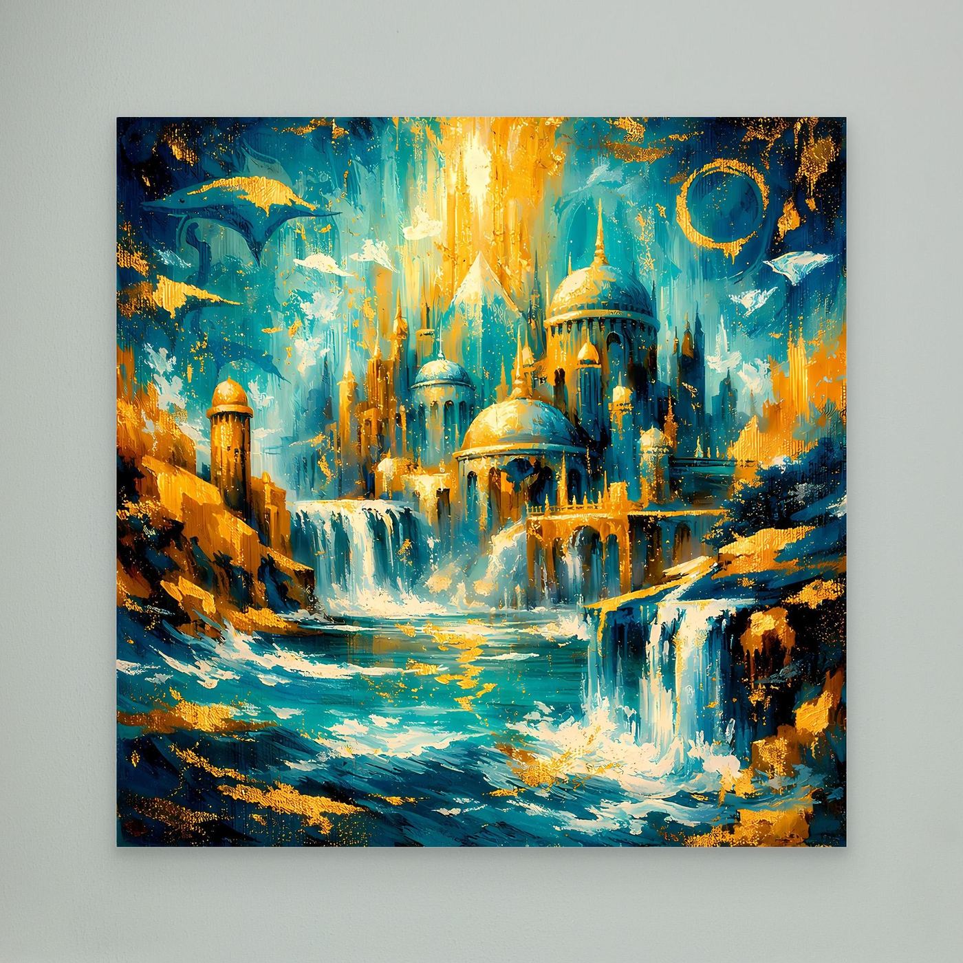 Leinwandbild Fantasystadt mit blauem Palast und goldenen Lichtern, ohne Rahmen