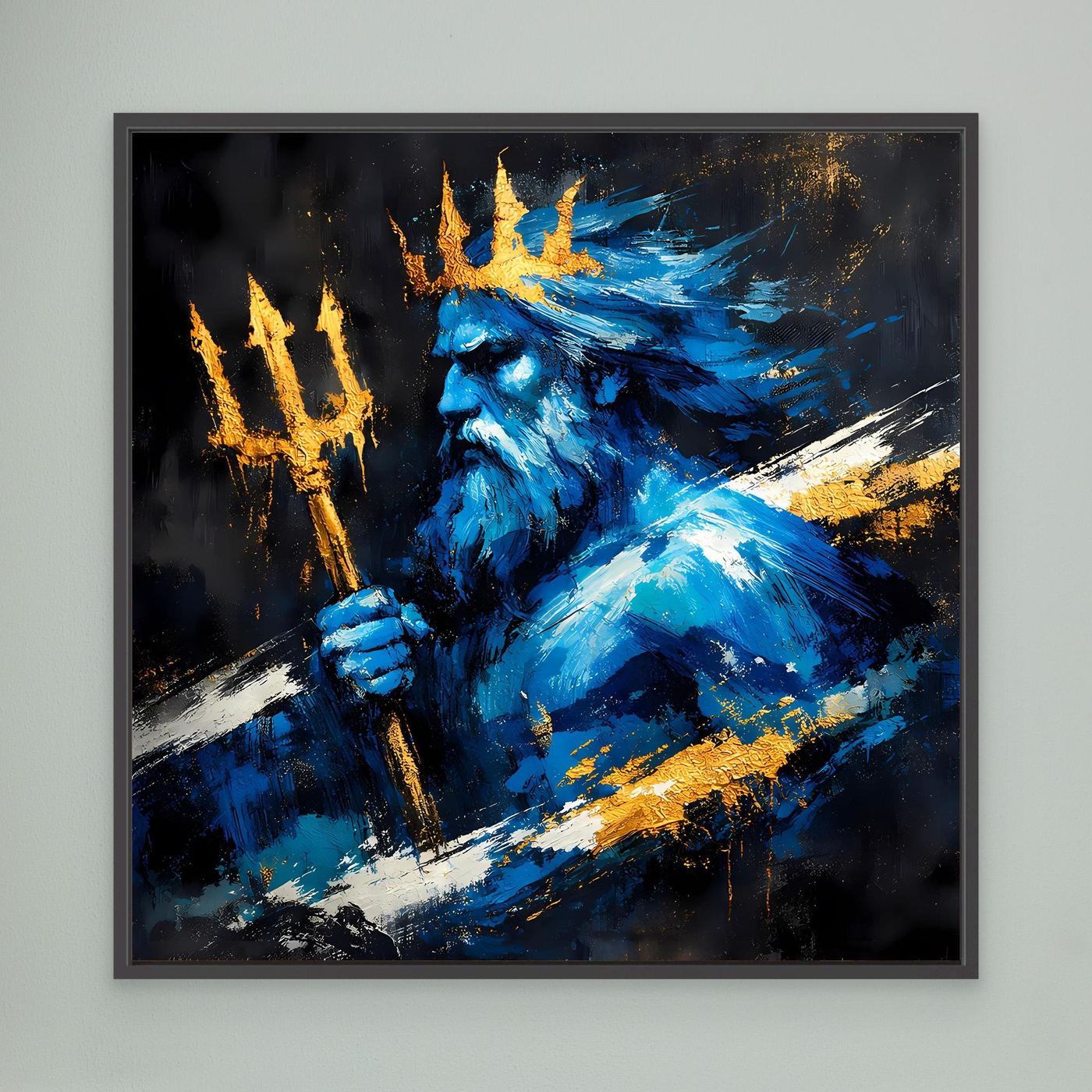 Leinwand Poseidon Gott des Meeres | Abstraktes Mythologie Wandbild Blau Gold