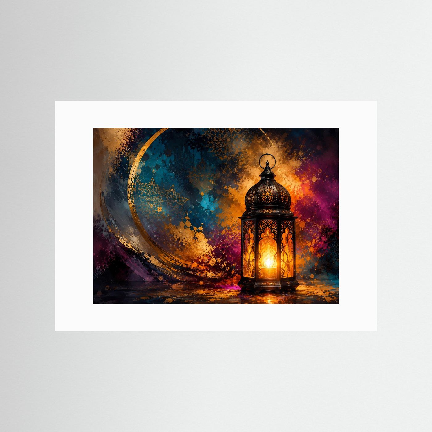Orientalische Laterne Poster | Goldene Mondkunst | Abstrakte Boho Wandkunst | Mystisches Licht | Moderne Fine Art | Elegantes Wandbild