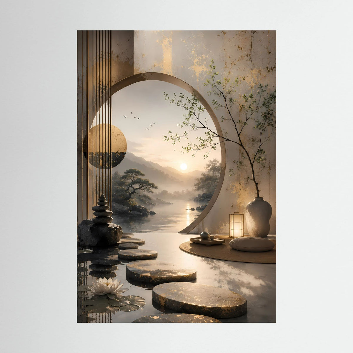 Hochformat-Poster mit asiatischer Zen-Landschaft, rundem Mond und Lotus am Wasser, ohne Rahmen
