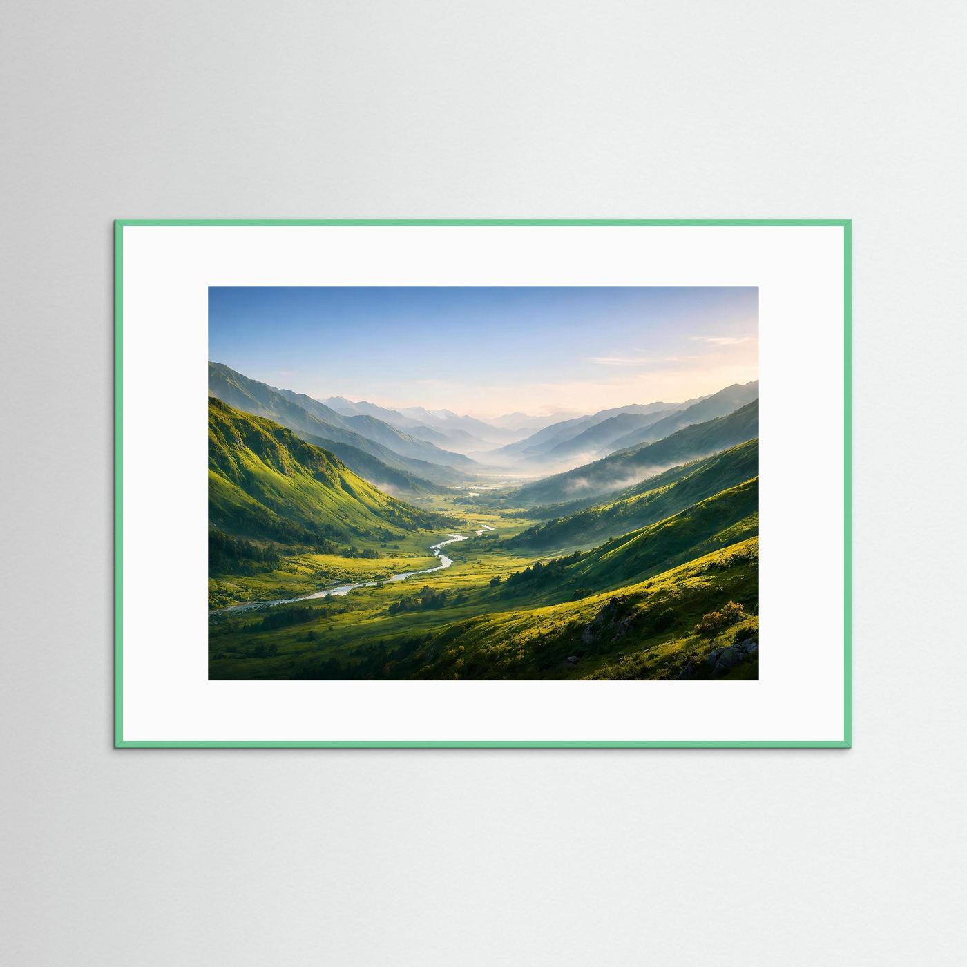 Poster mit Alpenlandschaft, mintgrüner Rahmen und weißes Passepartout