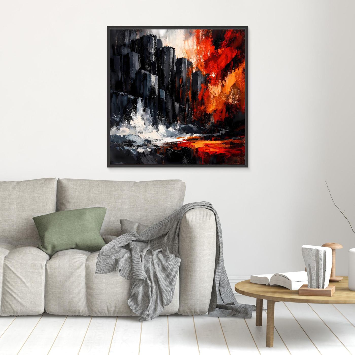 Kleines Leinwandbild mit dunklem Rahmen: schwarze Klippen, rot-orange, weißer Wasserwirbel
