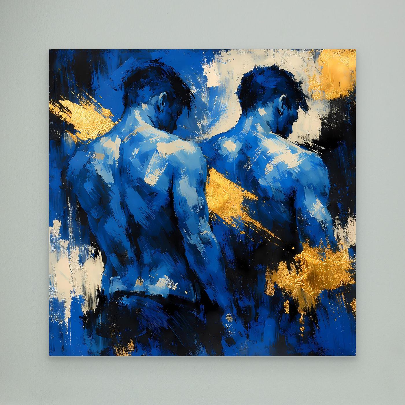 Leinwand Zwei Brüder in Blau | Abstraktes Männlicher Rücken Wandbild Gold