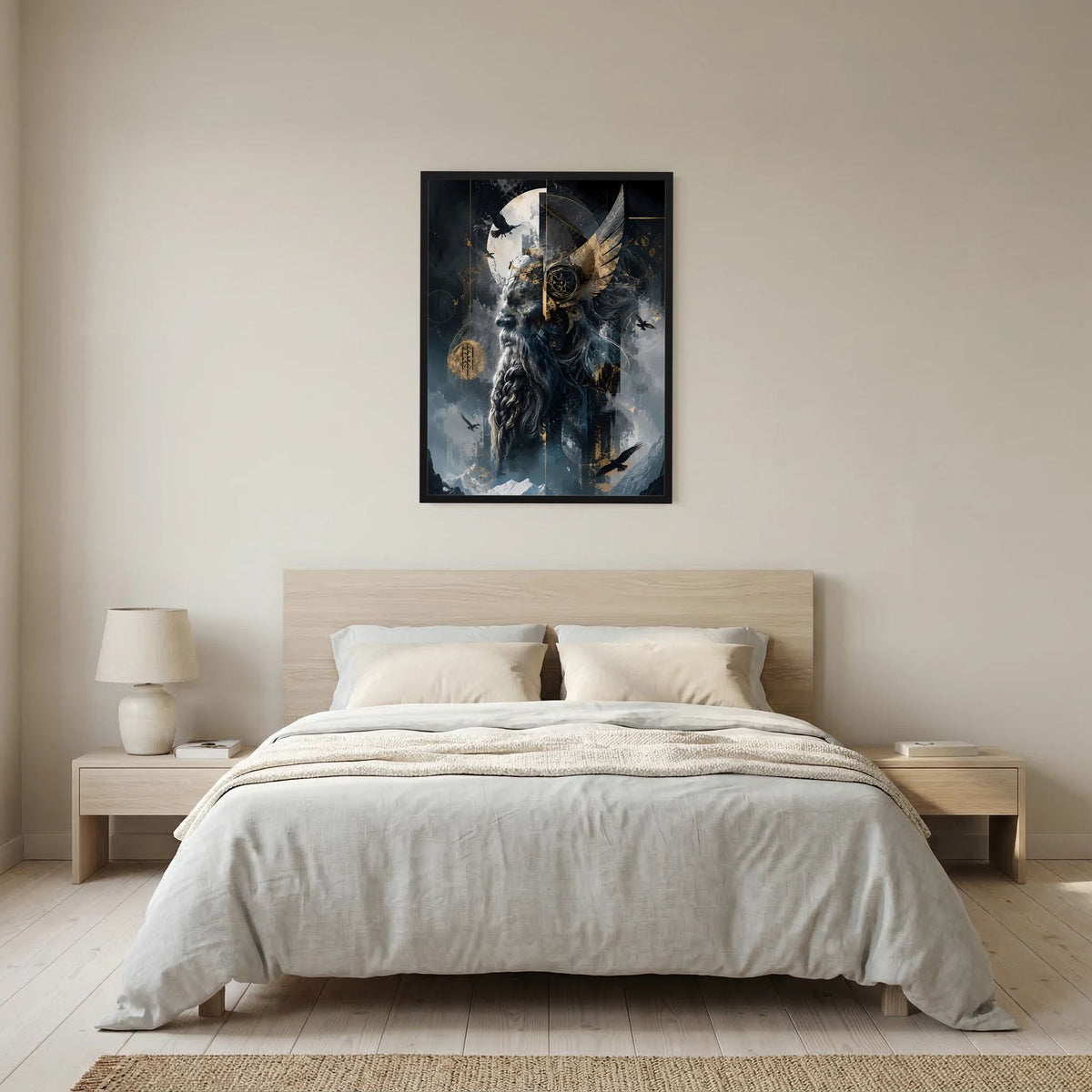 Gerahmtes Hochformat-Poster: Wikingerkrieger mit Raben und goldenen Runen