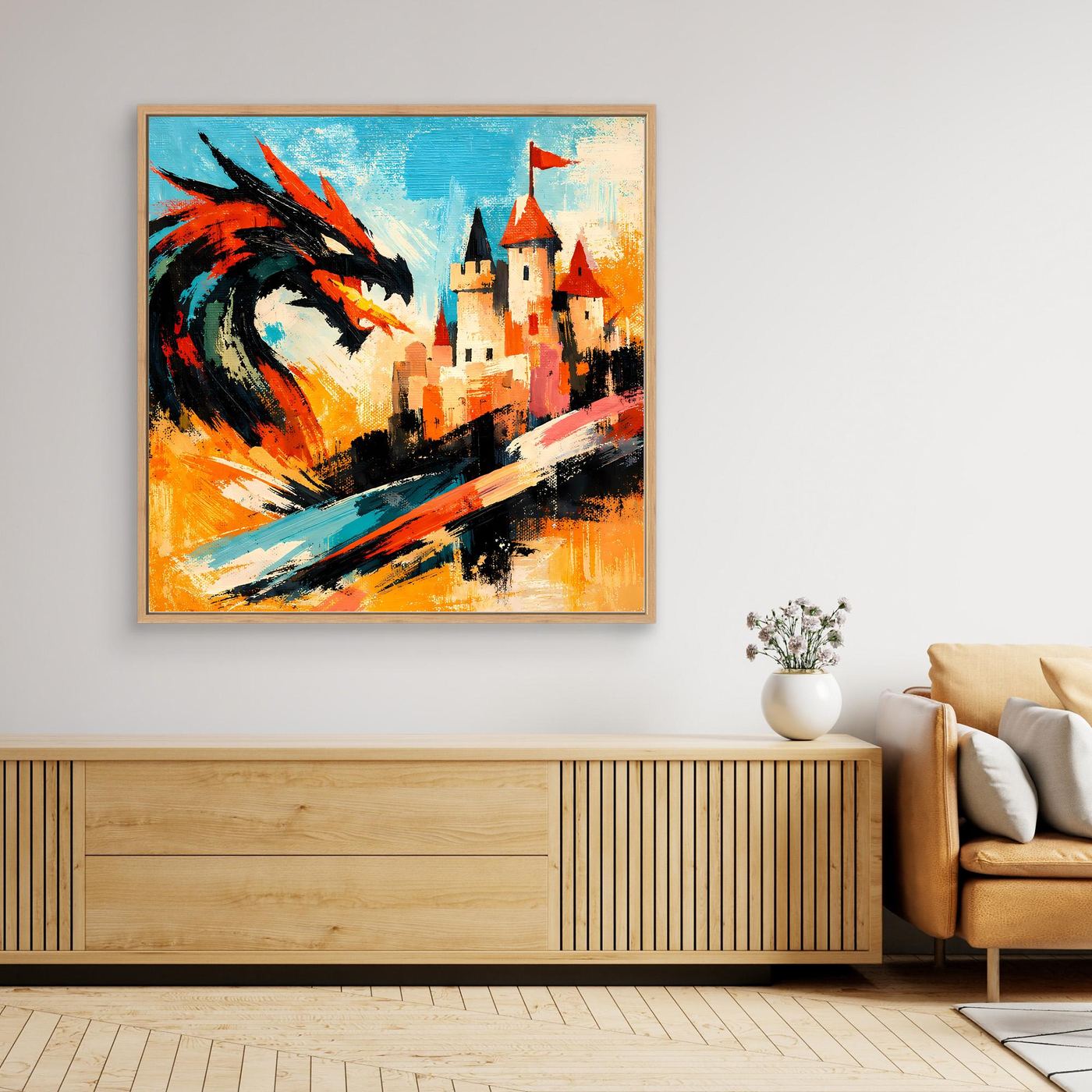 Leinwand Mythischer Drache vor dem Königsschloss | Abstraktes Fantasy Wandbild