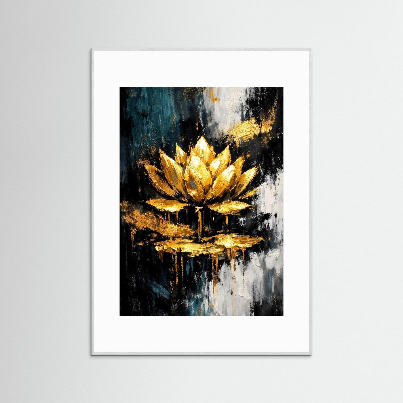 Abstraktes Lotusposter mit goldener Blüte, teal-schwarz, im weißen Rahmen