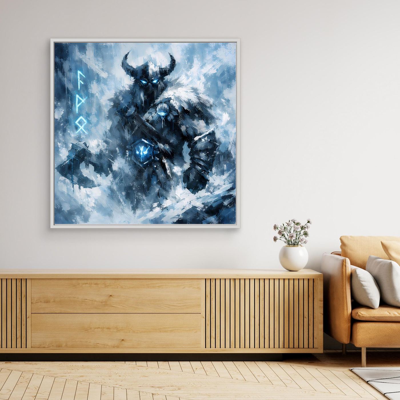 Wandbild mit blauem nordischem Krieger, weißem Rahmen, abstraktem Eis-Design