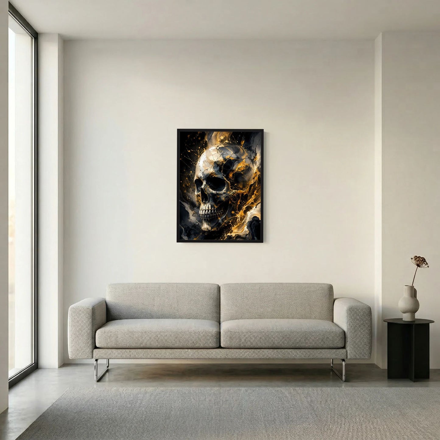 Poster im Hochformat mit abstraktem Totenschädel: Schwarz & Gold, schwarzer Rahmen