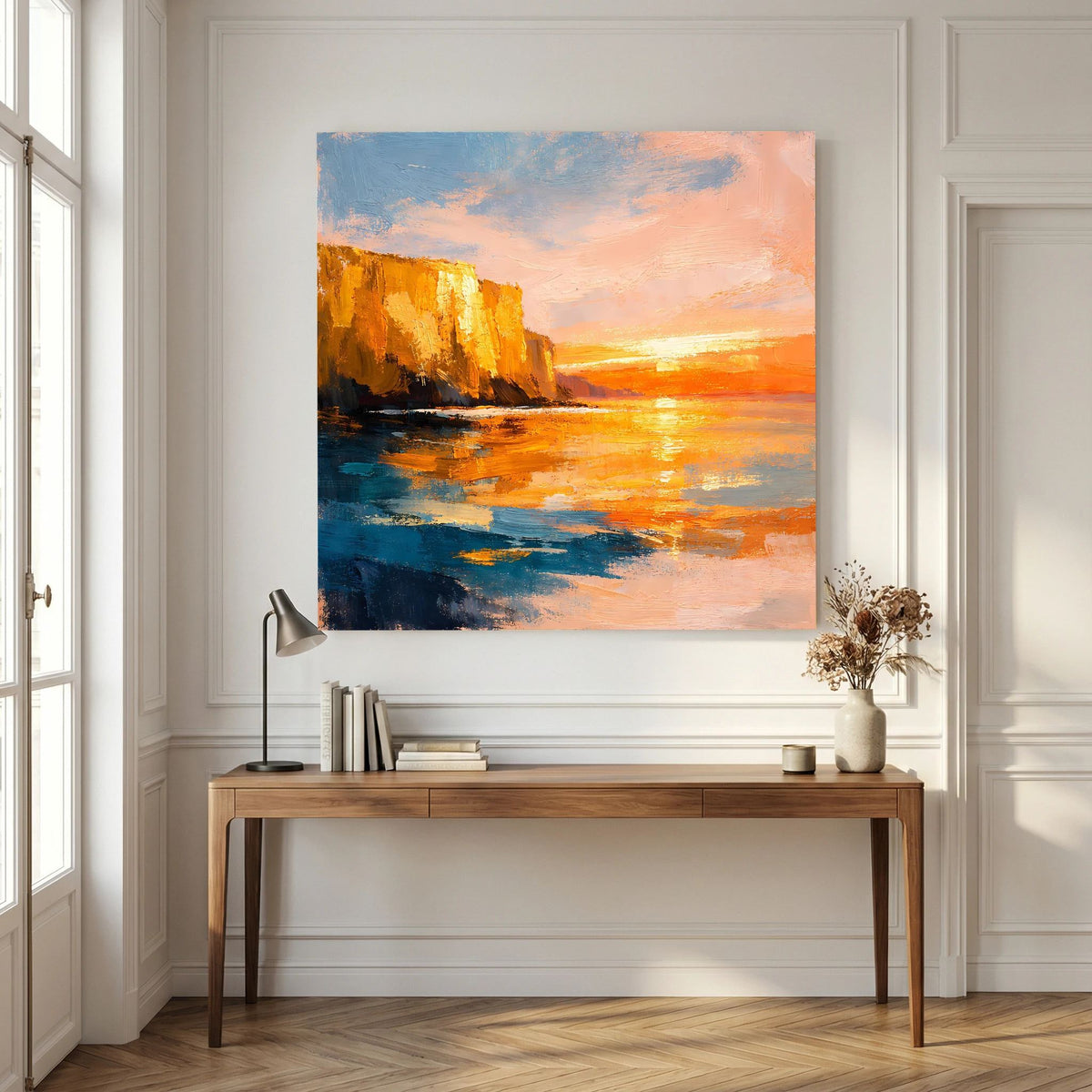 Leinwand-Wandbild mit Felsküste am Meer, abstrakt gemalt in Orange, Blau und Pastelltönen