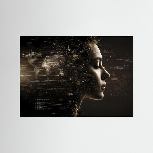 Querformat-Poster mit Frauenprofil in Schwarz und Gold, schwarzer Rahmen