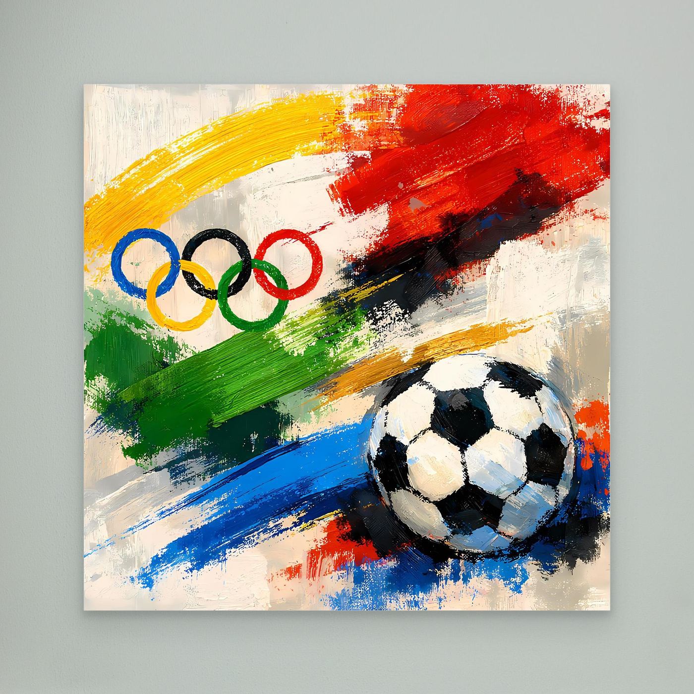 Leinwandbild mit abstraktem Fußball und olympischen Ringen, ohne Rahmen