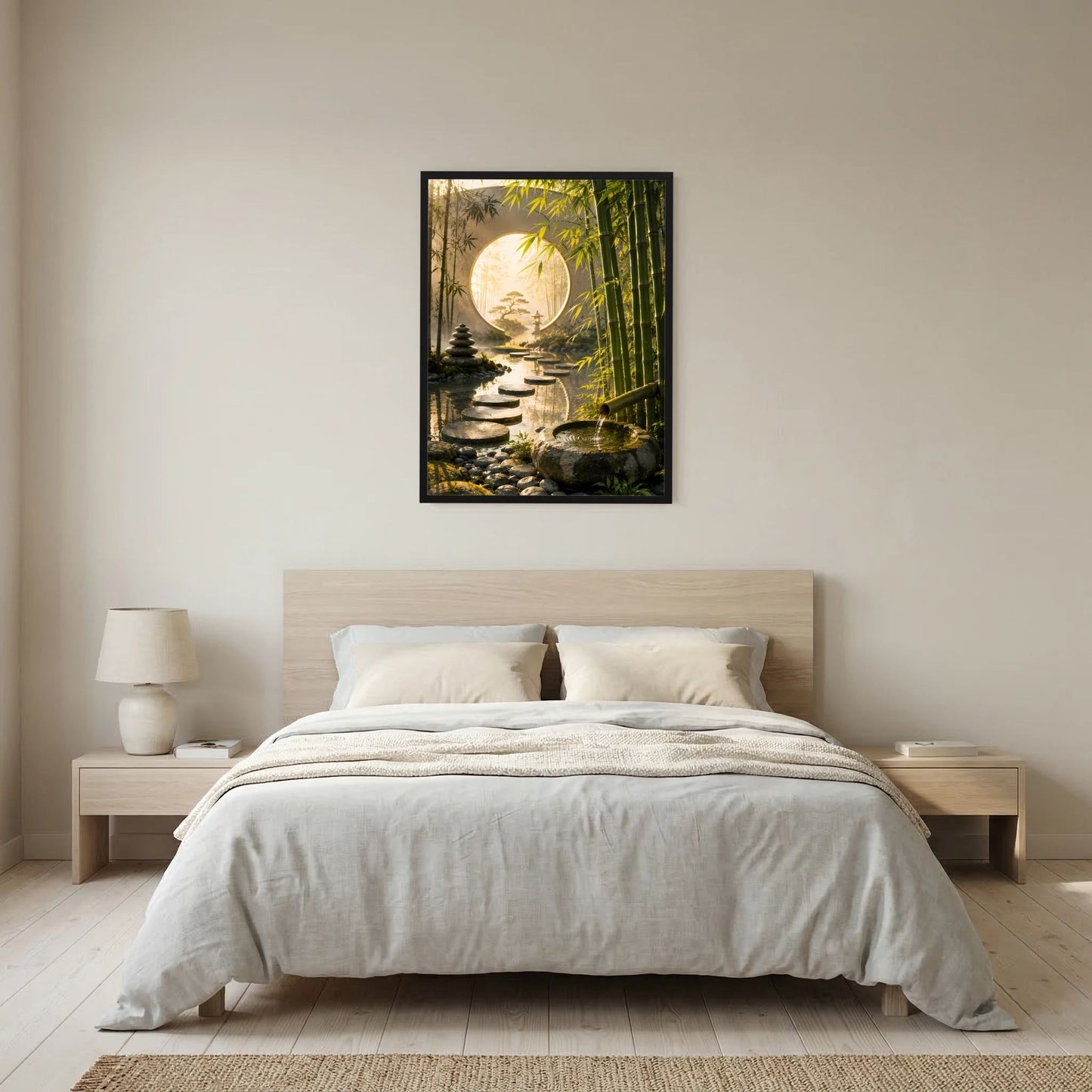 Zen-Garten-Poster mit rundem Mondtor, Bambus und Trittsteinen im Wasser, schwarzer Rahmen