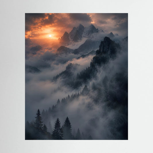 Hochformatiges Poster mit Berglandschaft im Nebel und aufgehender Sonne