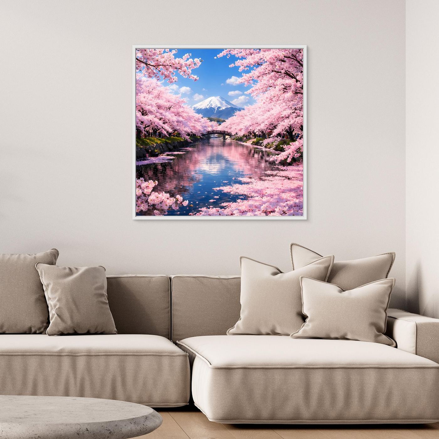 Leinwandbild mit Sakura-Blütenallee und Berg Fuji über spiegelndem Bach
