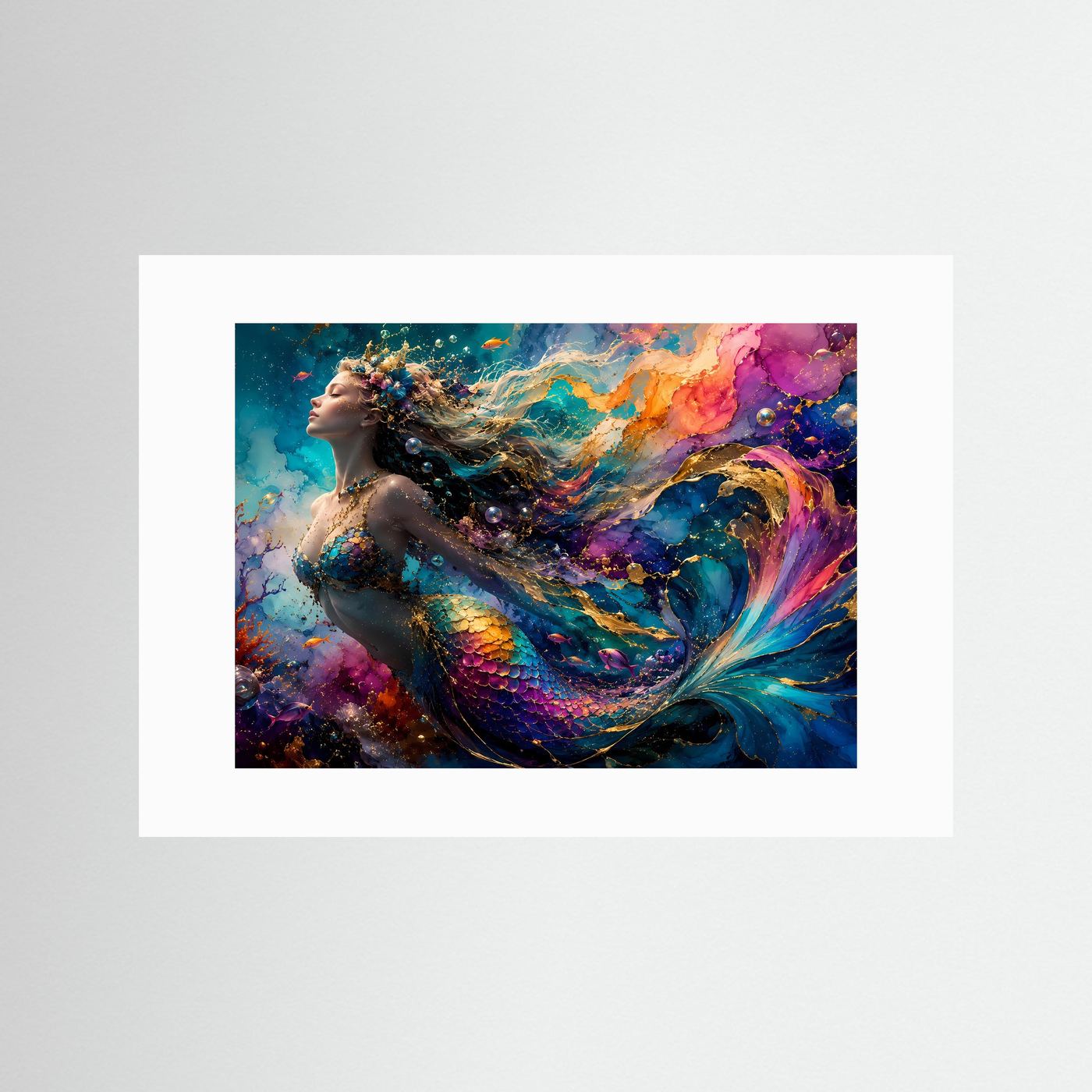 Meerjungfrau Poster | Farbenfrohe Unterwasser Fantasy Kunst | Mystische Sirene Wandbild | Ozean Leinwand | Luxuriöse Mermaid Wall Art