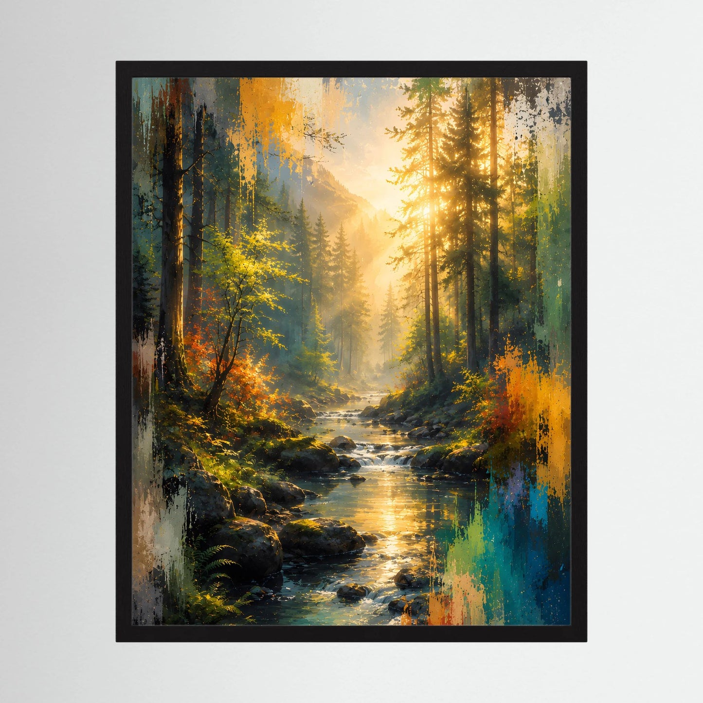 Gerahmtes Kunstposter (schwarzer Rahmen) mit abstrakter Waldlandschaft und Bach