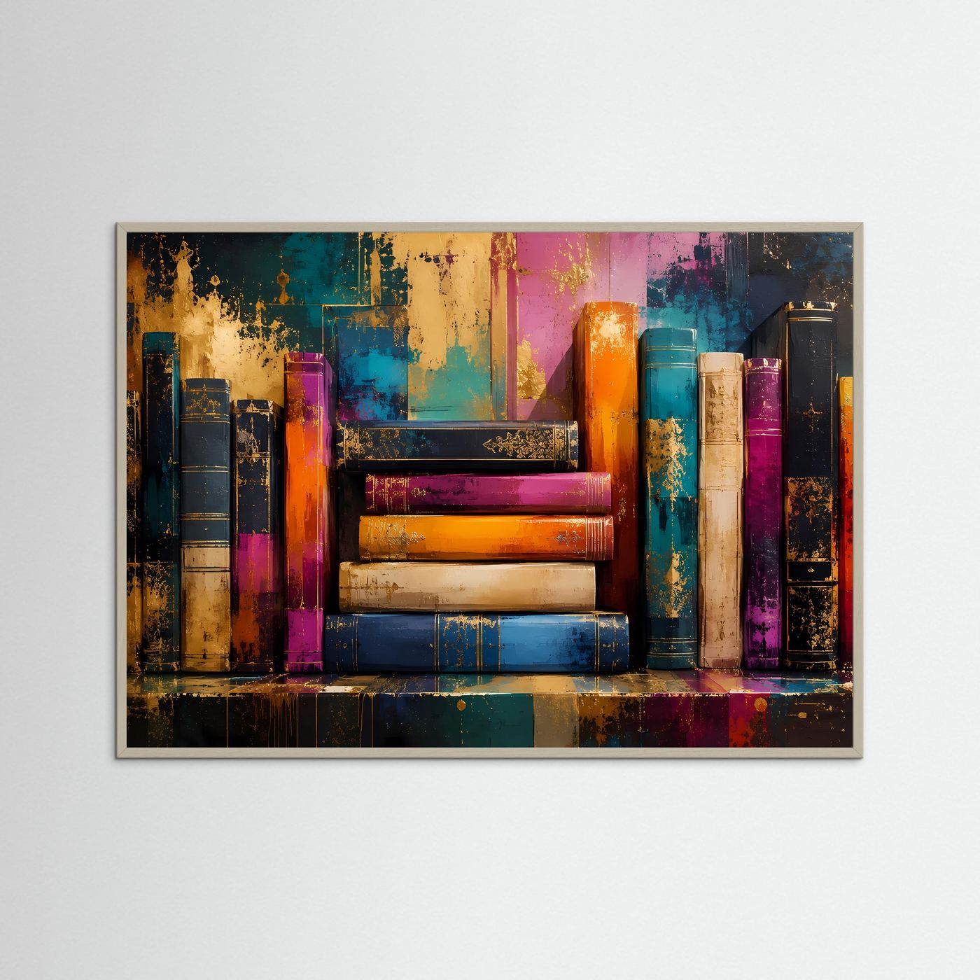 Gerahmtes Kunst-Poster mit Bücherregal-Motiv: mehrfarbige Buchrücken und Sofa im Querformat