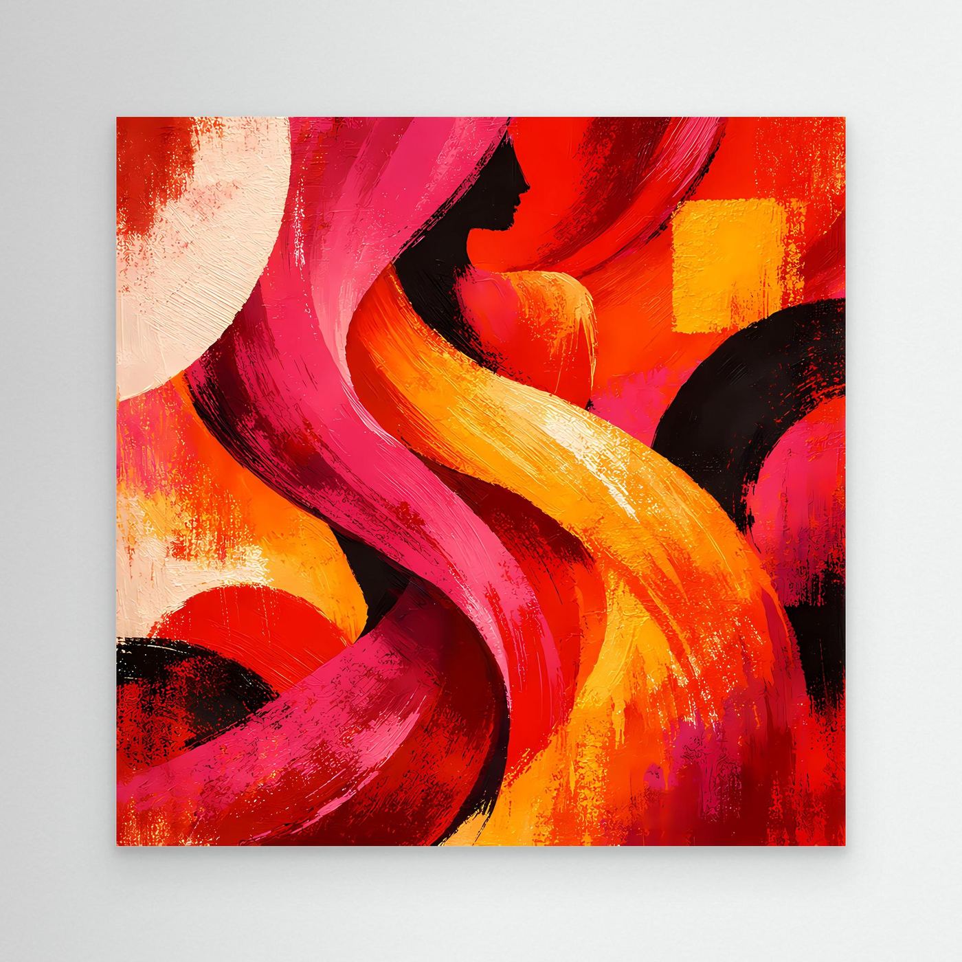 Leinwandbild mit abstraktem Silhouettenmotiv, rot, pink und gelbe Farbwirbel