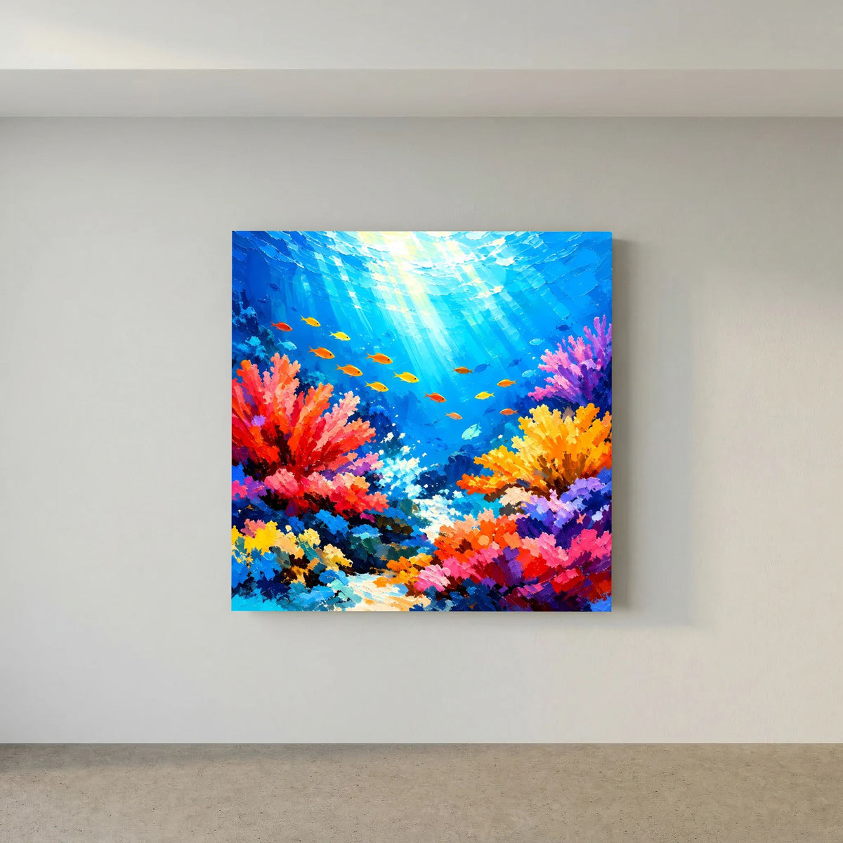 Quadratisches Unterwasser-Wandbild mit leuchtend bunten Korallen und Fischen