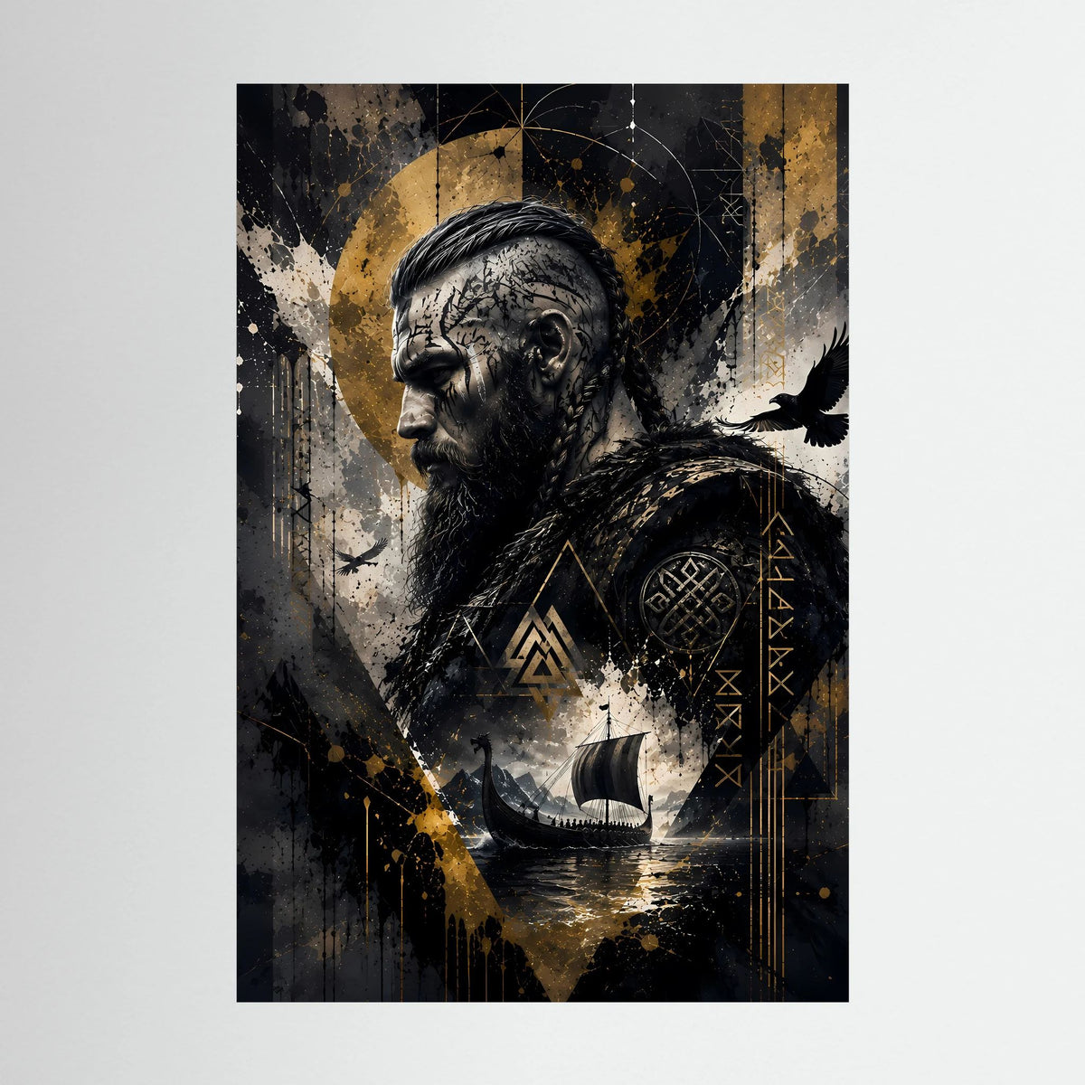 Hochformatiges Wikinger-Krieger-Poster mit Bart, Raben und goldenen Runenornamenten