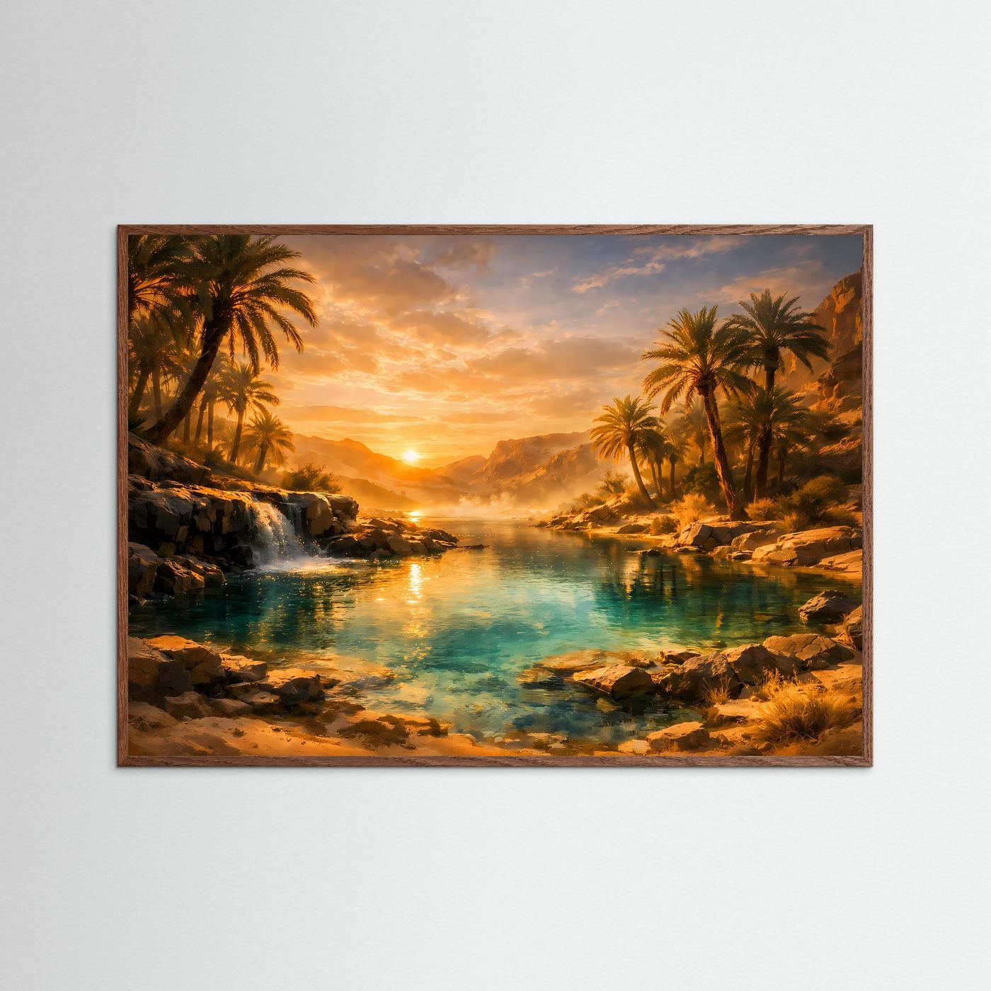 Traumhafte Oase im Sonnenuntergang | Palmen, Wasserfall & Wüste Poster Querformat