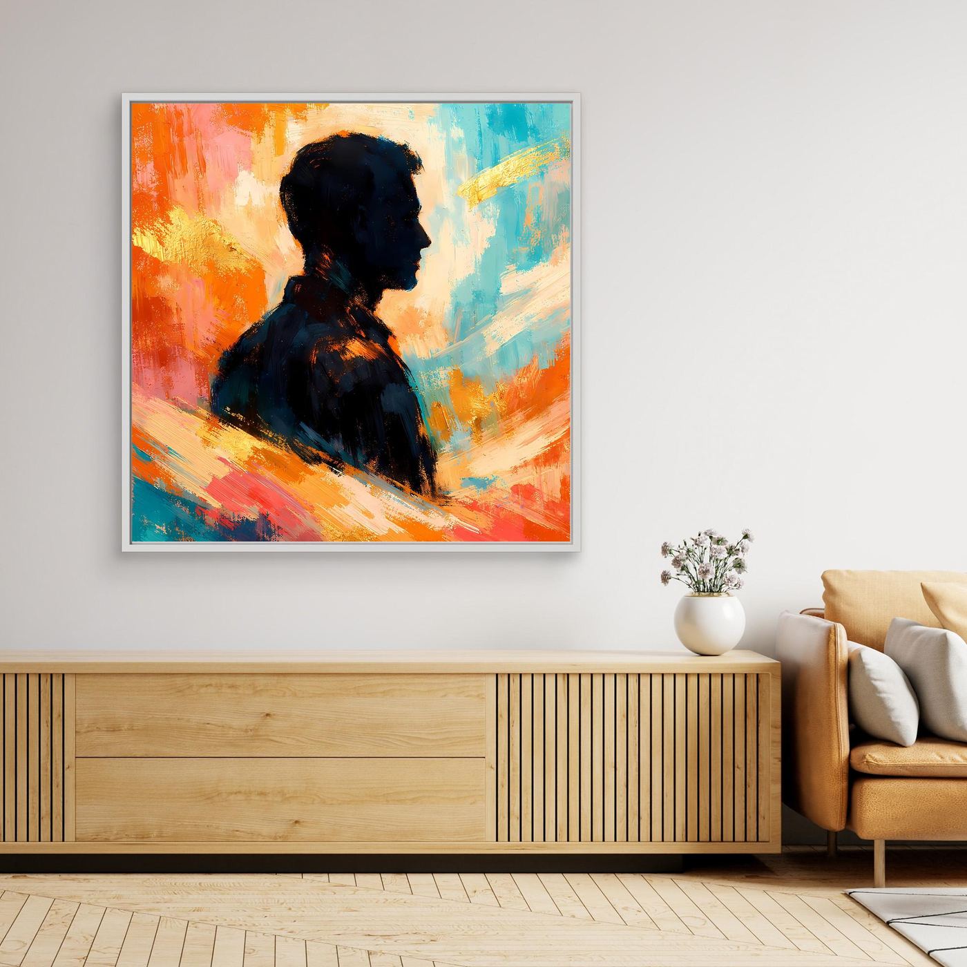 Leinwandbild mit abstrakter Silhouette eines Mannes, farbenfroher Hintergrund, heller Rahmen