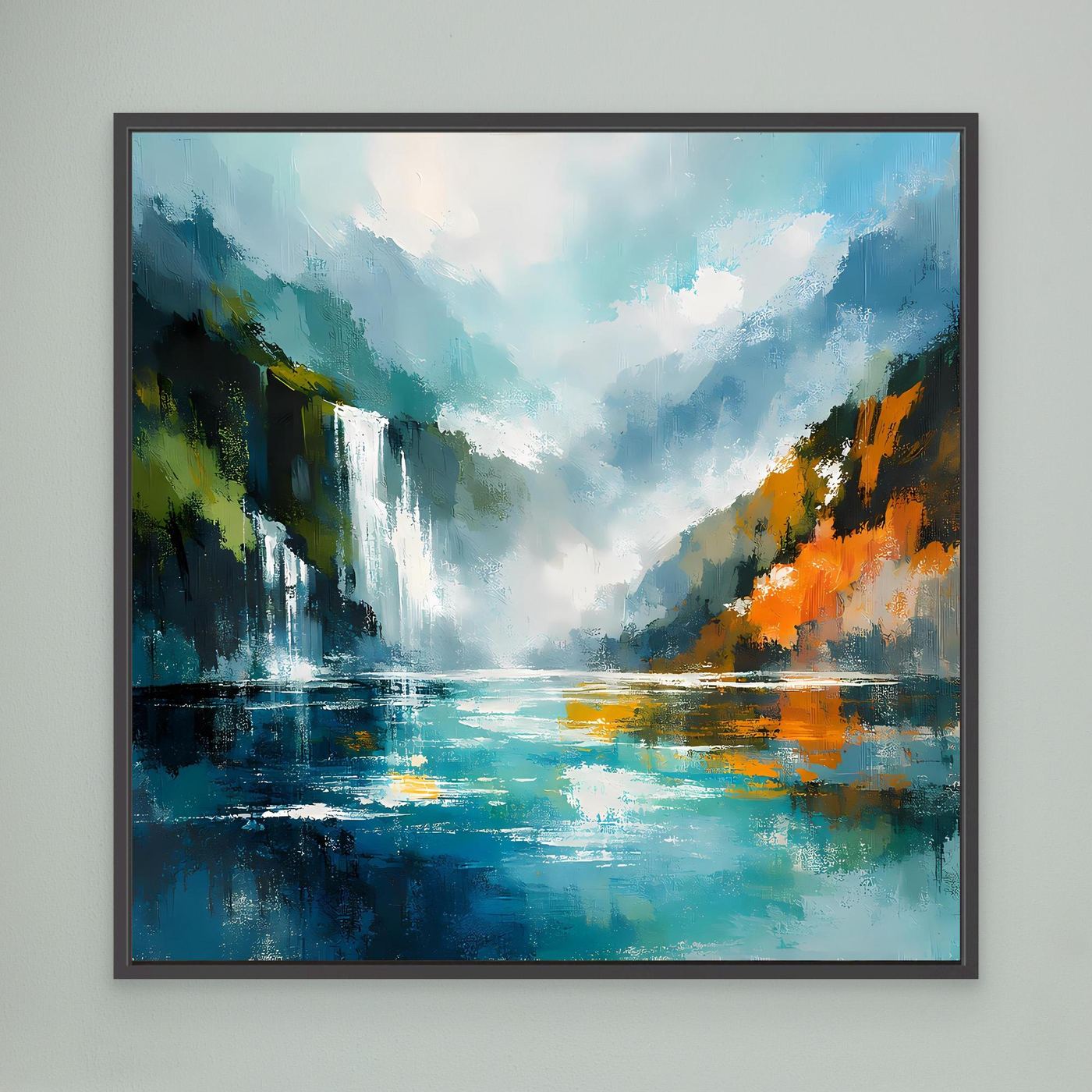 Gerahmtes abstraktes Fjordbild: Wasserfall über See, blau-grün mit orangefarbenem Ufer.