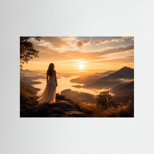 Poster im Querformat: sitzende Frau im weißen Kleid, See- und Berglandschaft im Sonnenuntergang
