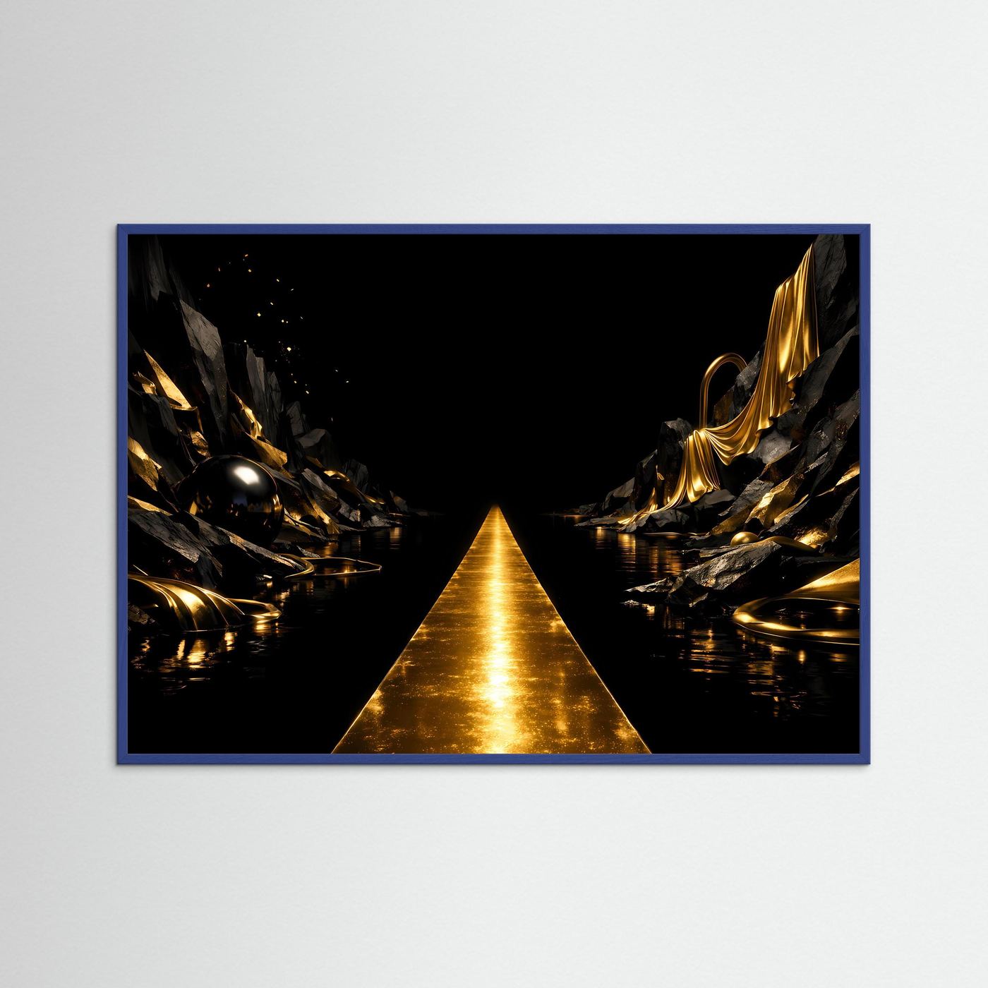 Goldener Pfad in Mystischer Felslandschaft | Luxus Kunst & Elegante Wanddeko Querformat