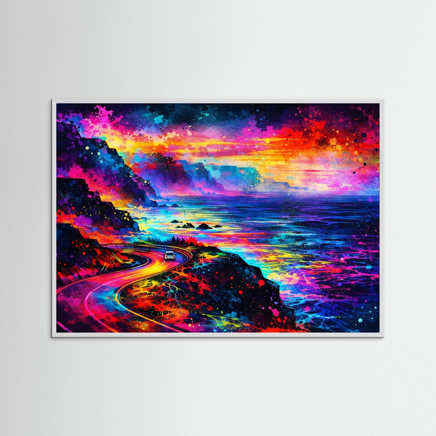 Farbenfrohe Küstenstraße bei Sonnenuntergang | Neon Pop Art & Bunte Natur Wandbild Querformat