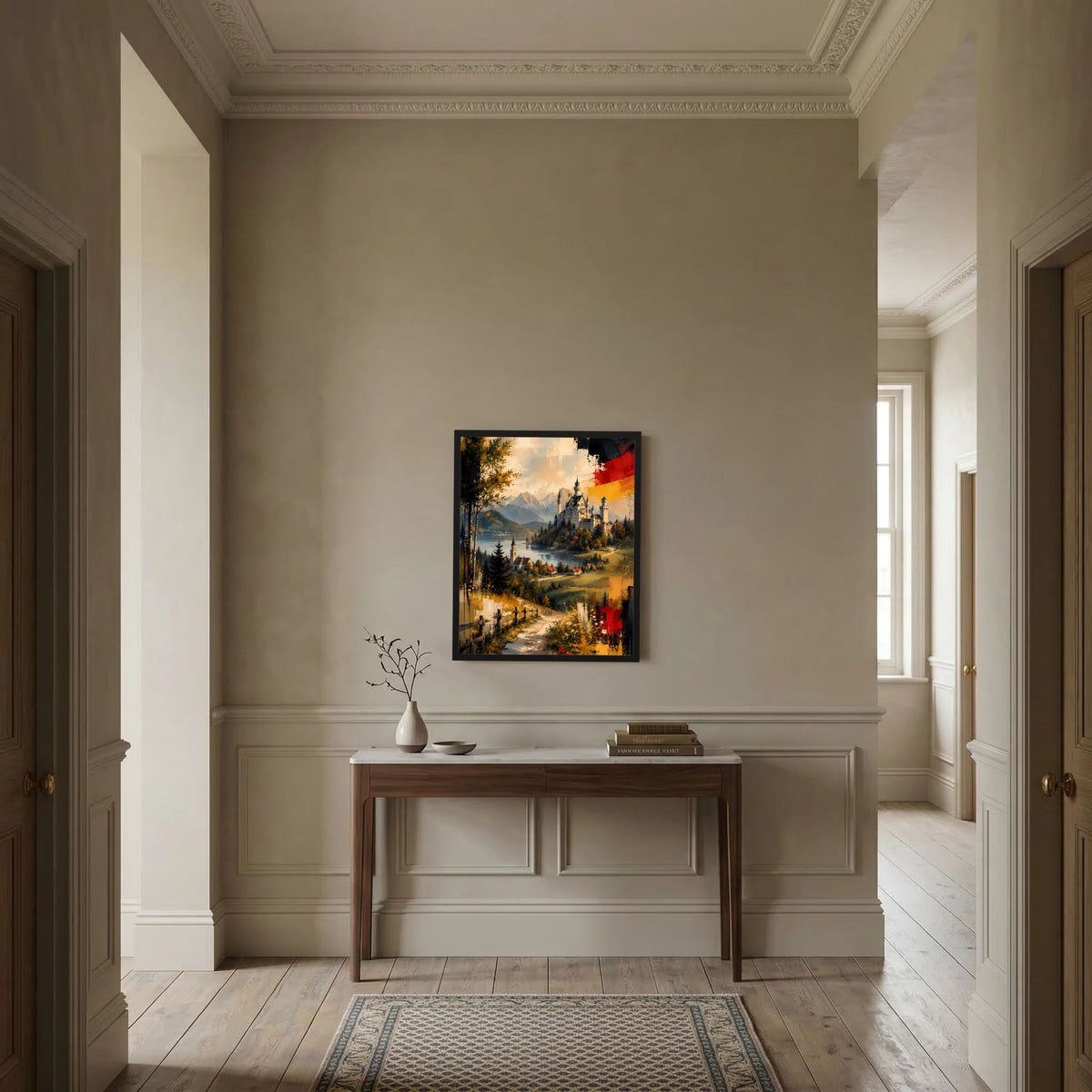 Gerahmtes Kunstposter: Schlosslandschaft in Gold-, Blau- und Rottönen