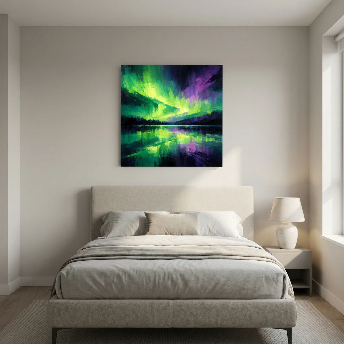 Abstraktes Leinwandbild mit Polarlicht über ruhiger Wasseroberfläche in Grün und Lila