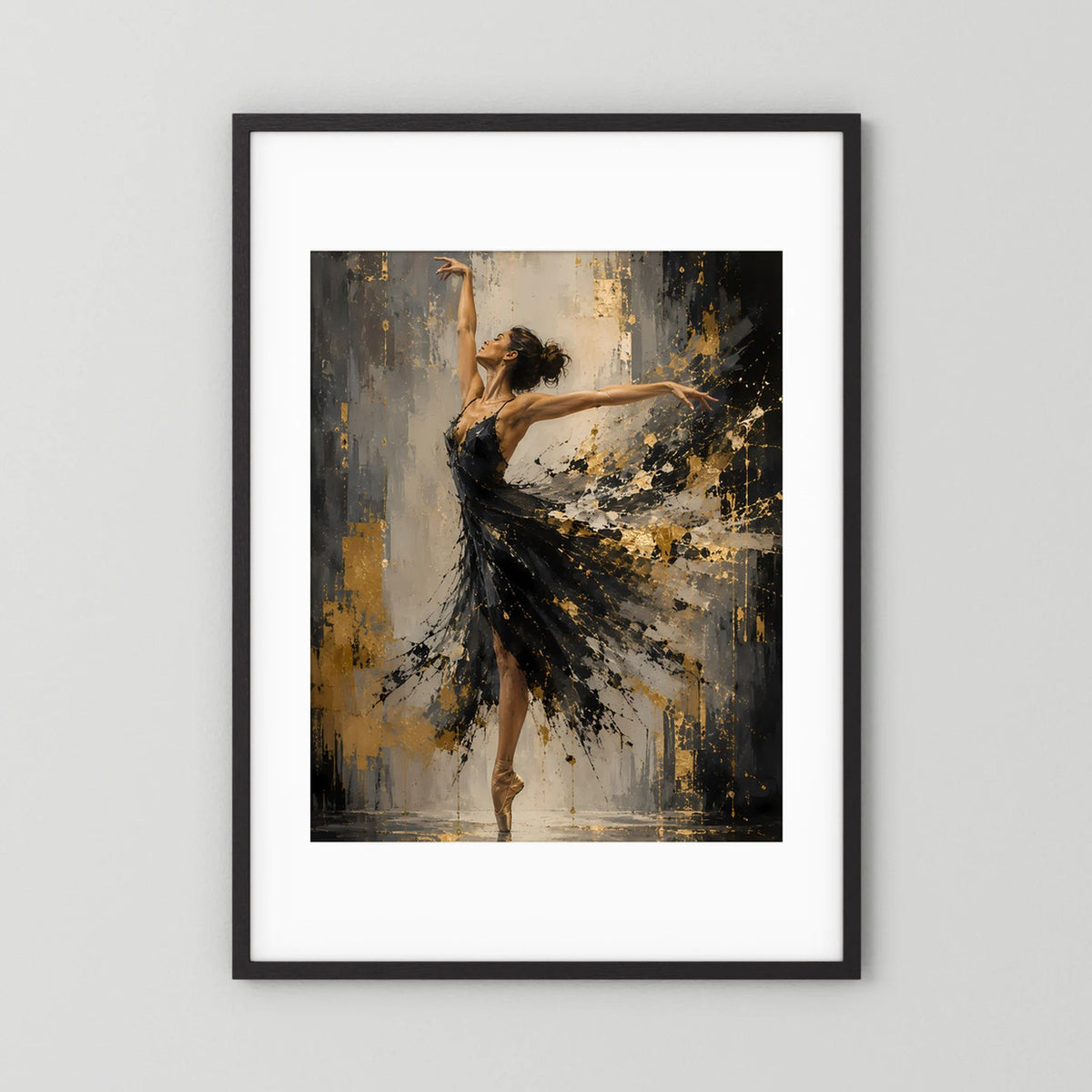 Kunstposter Ballerina in Schwarz und Gold im schwarzen Rahmen mit weißem Passepartout