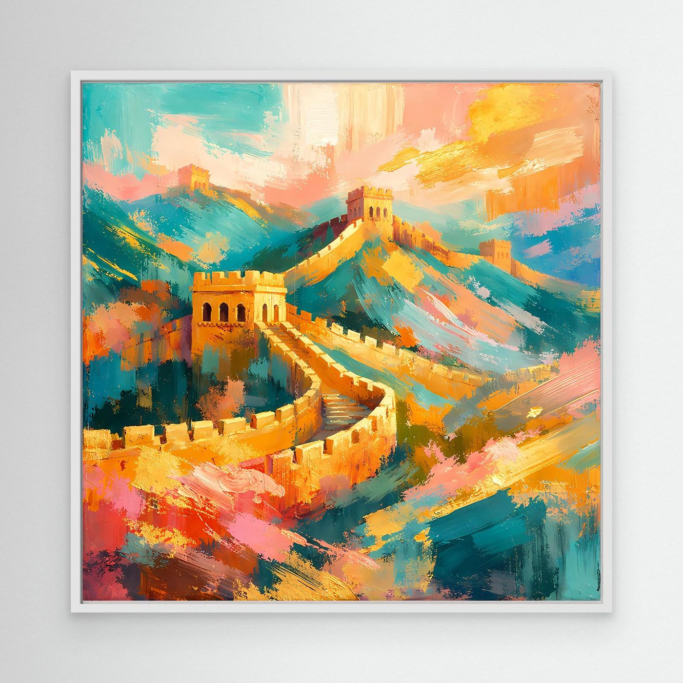 Leinwandbild Chinesische Mauer abstrakt, bunte Ölgemälde-Optik mit weißem Rahmen