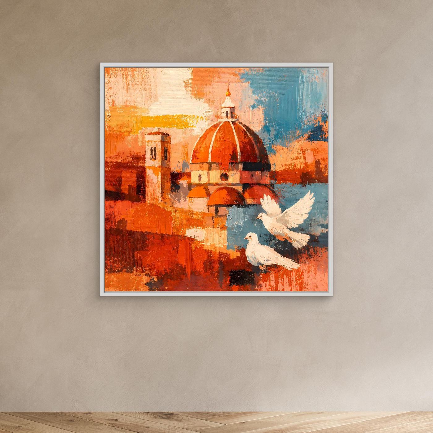 Abstraktes Wandbild mit Florenz-Dom und Tauben, Leinwand mit hellem Rahmen
