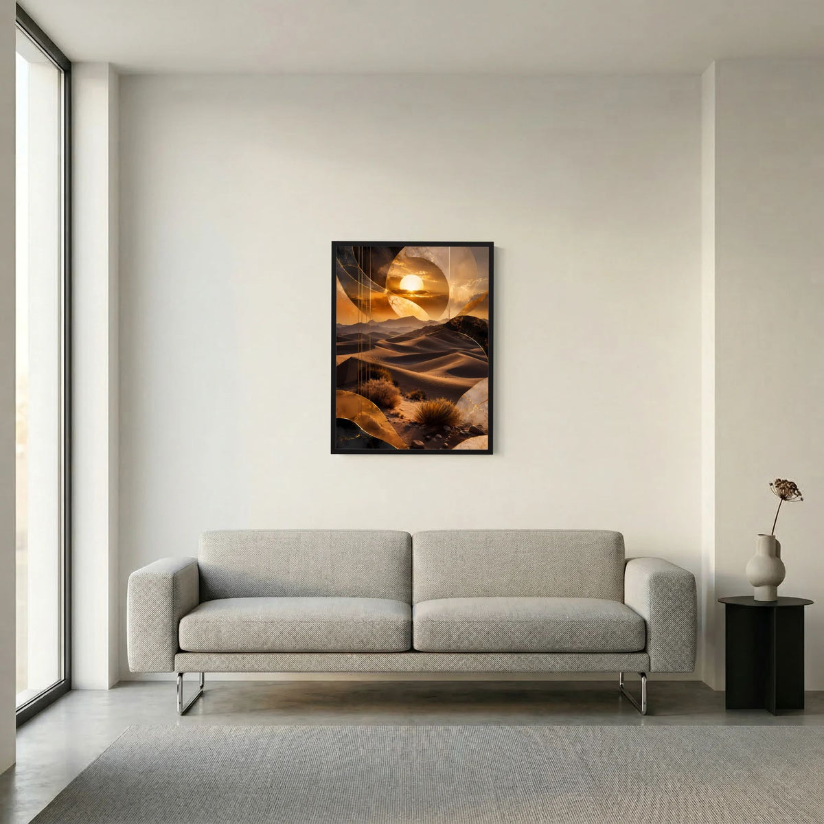 Hochformat-Poster mit goldenem Wüstenmotiv und Sonnenkreis, schwarzer Rahmen