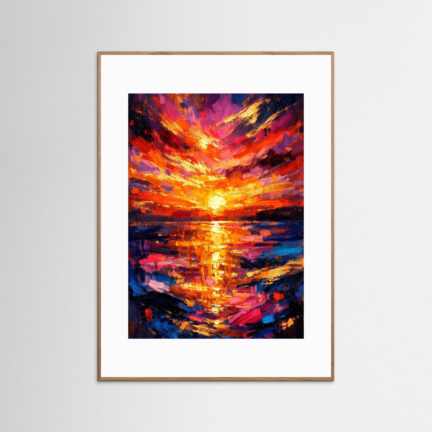 Abstraktes Sonnenuntergang-Poster mit Spiegelung, im hellem Holzrahmen, Hochformat.