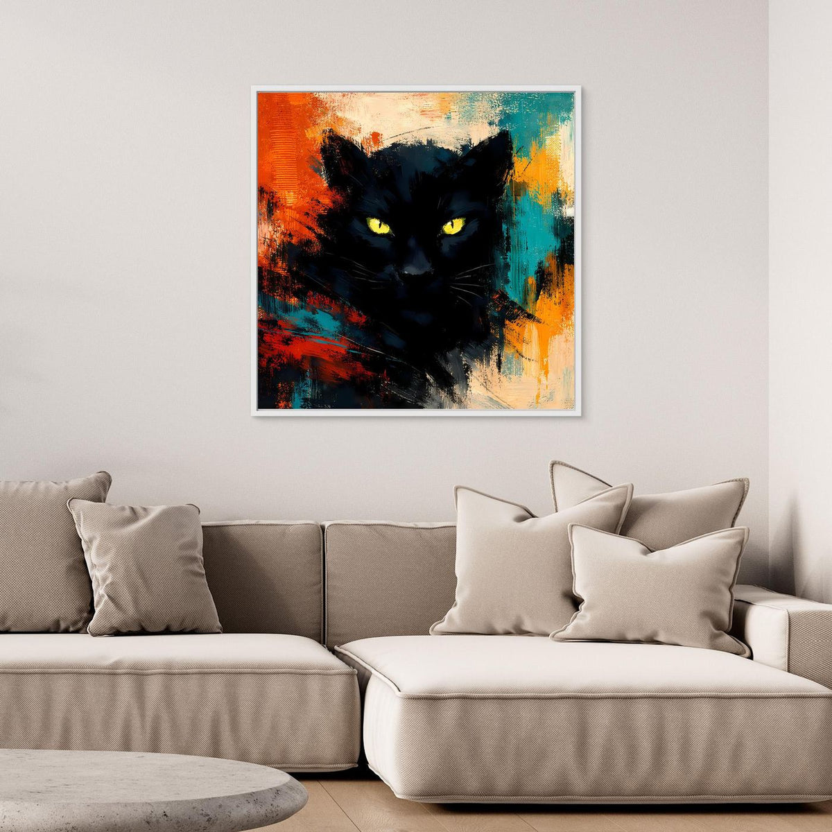 Leinwandposter mit schwarzem Panther und gelben Augen, abstrakter Farbexplosion, heller Rahmen