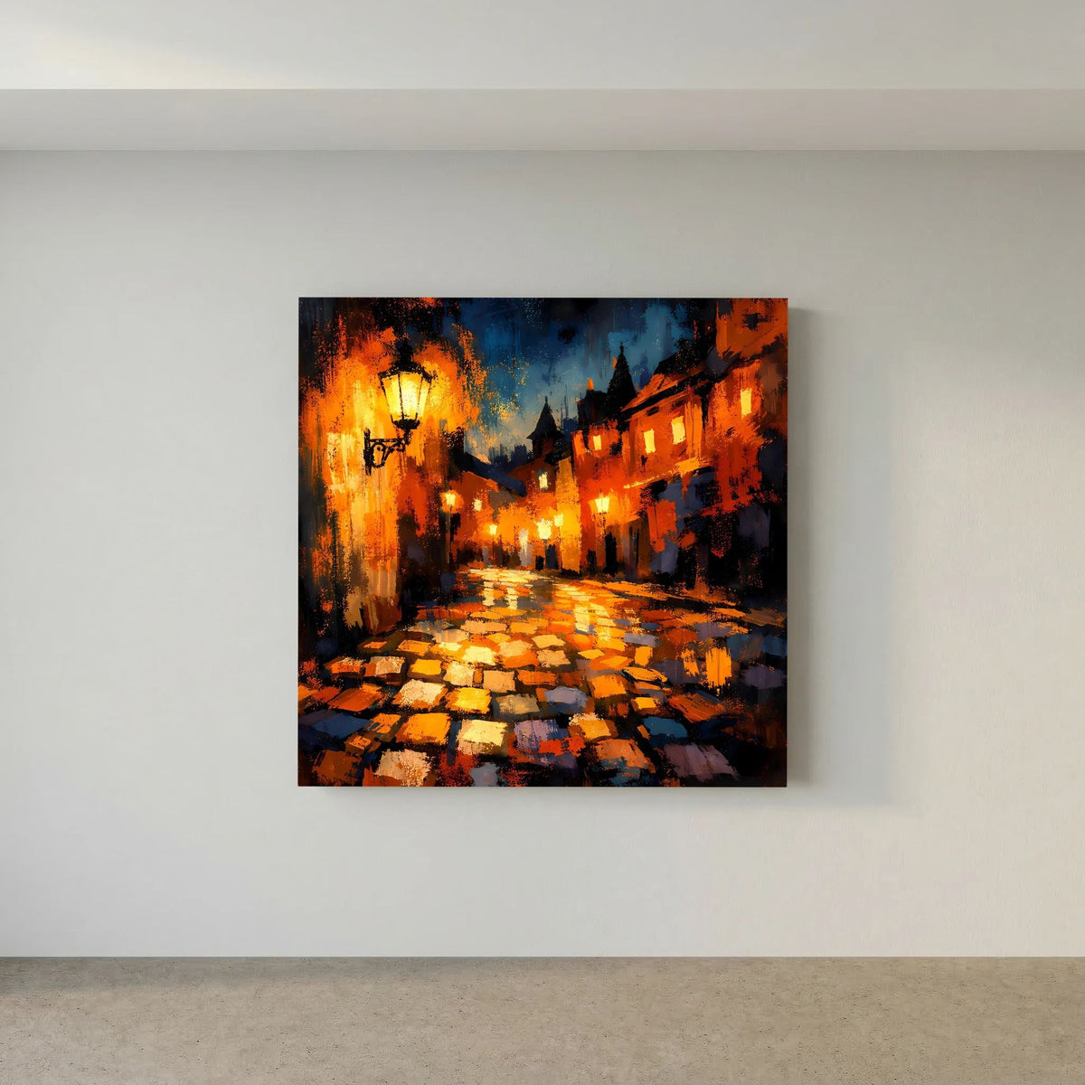 Leinwand Abstraktes Altstadt Gemälde | Modernes Romantisches Gassen Wandbild bei Nacht