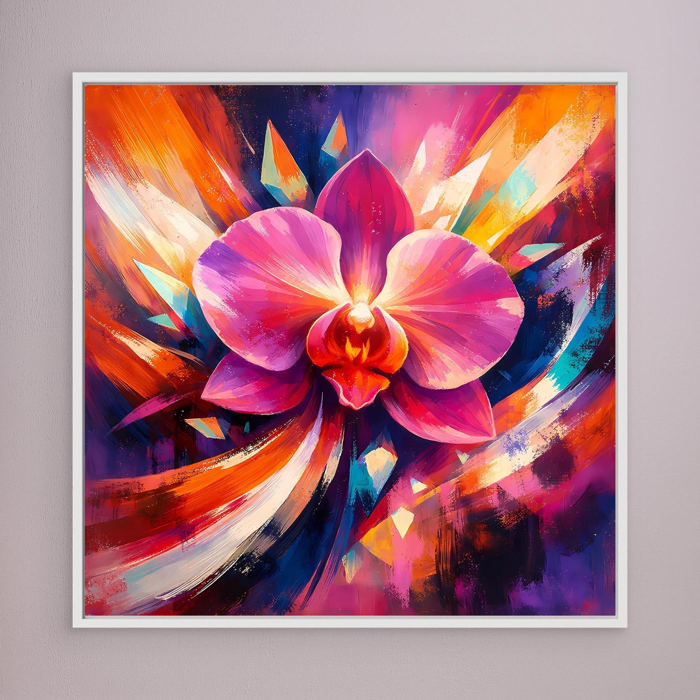 Gerahmtes Leinwandbild mit abstrakter Orchidee in Pink, Lila und Orange, weißer Rahmen.