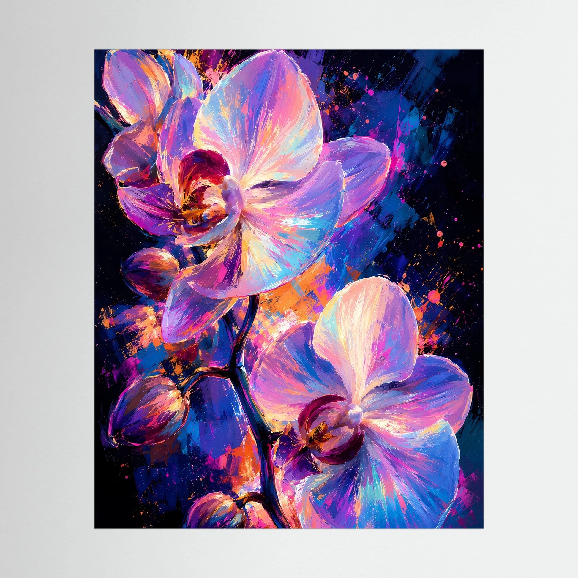 Hochformat-Poster mit leuchtenden Orchideen in Pink, Violett und Blau, abstrakt