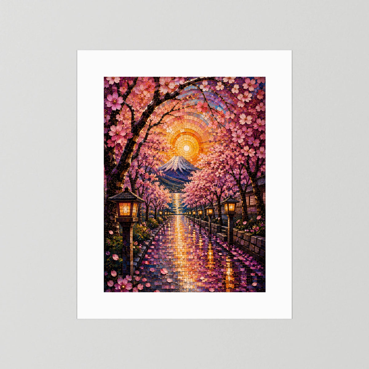 Kirschblütenweg zum Fuji | Japanisches Mosaik mit Sakura & Laternen | Poster Hochformat