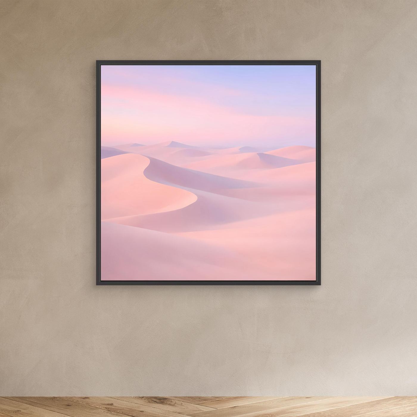 Leinwandbild mit pastellfarbenen Wüstendünen in Rosa und Violett, mit schwarzem Rahmen