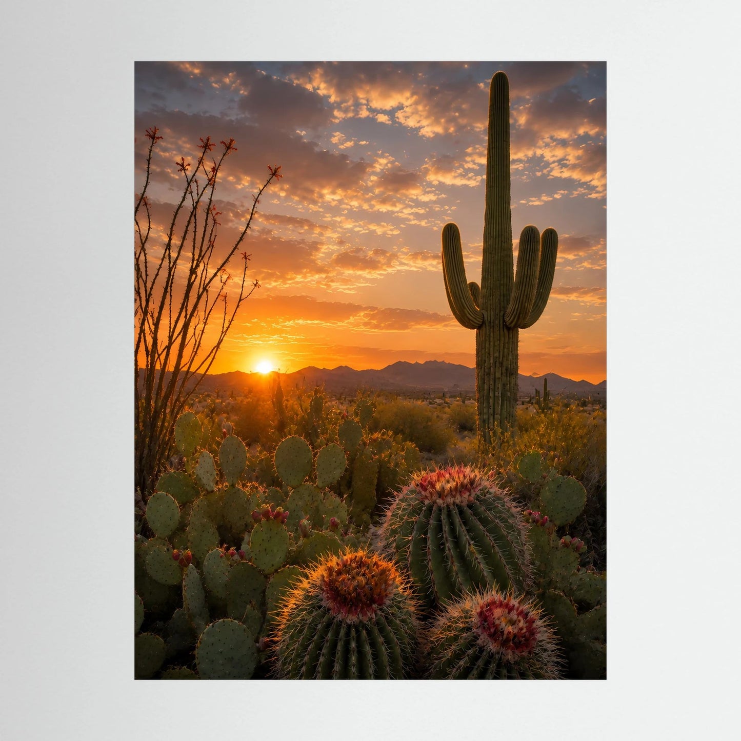 Nahansicht: Poster im Hochformat mit Kakteen und Sonnenuntergang im Wüstenpanorama