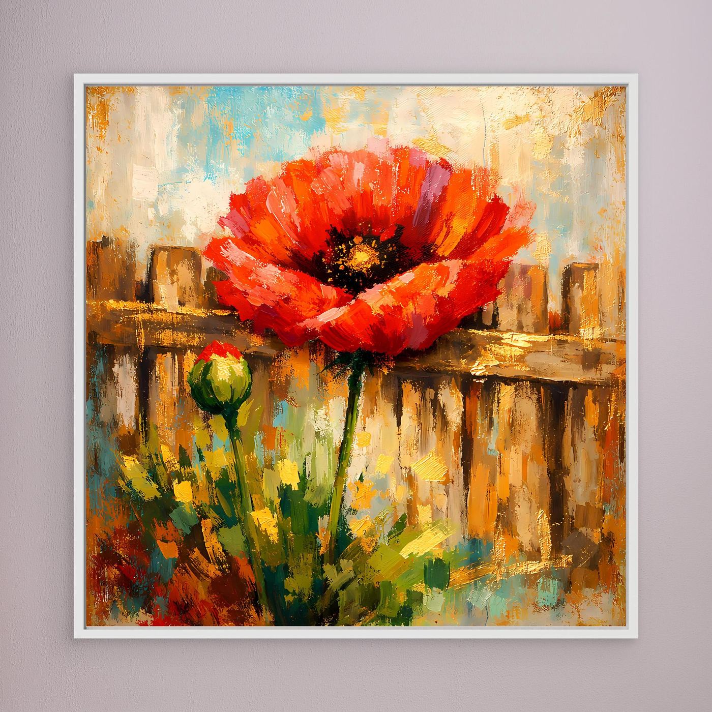 Leinwandbild mit abstrakter roter Mohnblume und grünen Stielen, weißer Rahmen