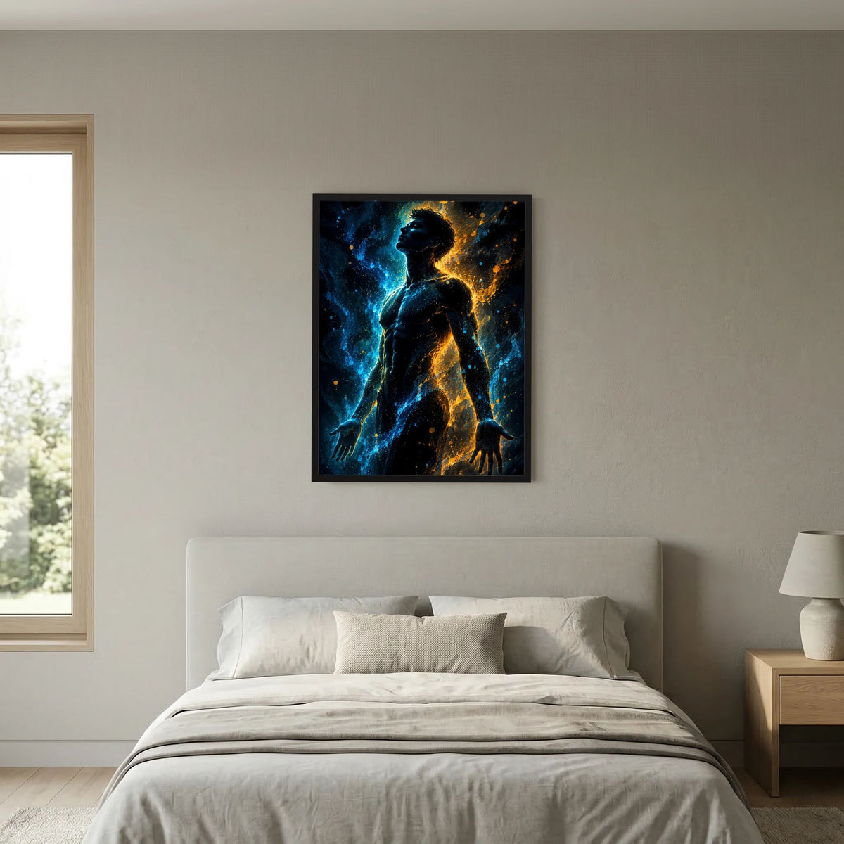 Gerahmtes Poster mit männlicher Silhouette, blaue und goldene Lichtkonturen, über dem Bett.