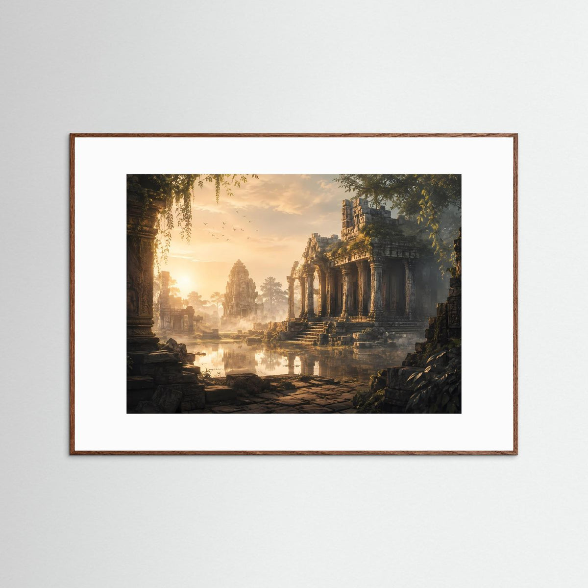 Querformat-Poster „Vergessener Tempel“ mit braunem Holzrahmen